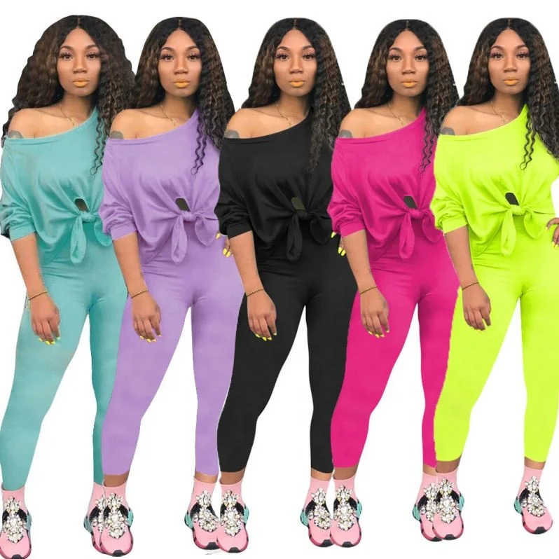 Women's Solid Colour Off Shoulder Sport tracksuit Two Piece Set 2019 Summer trousers Set