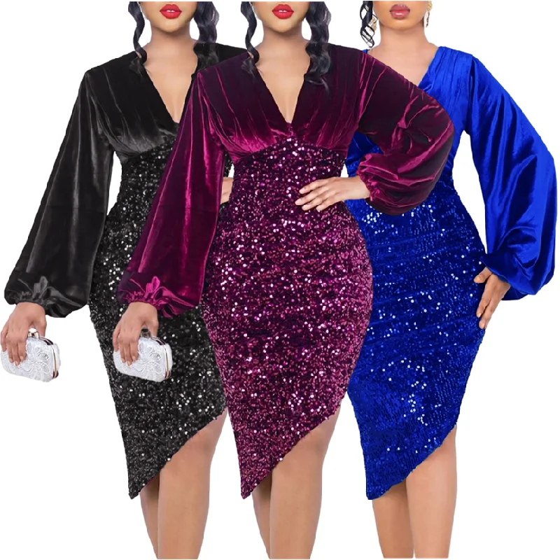 

D473 Latest Design Stylish Chic Evening Dress V-neck Puff Sleeve Elegant Dresses Women Evening Velvet Sequin Dress