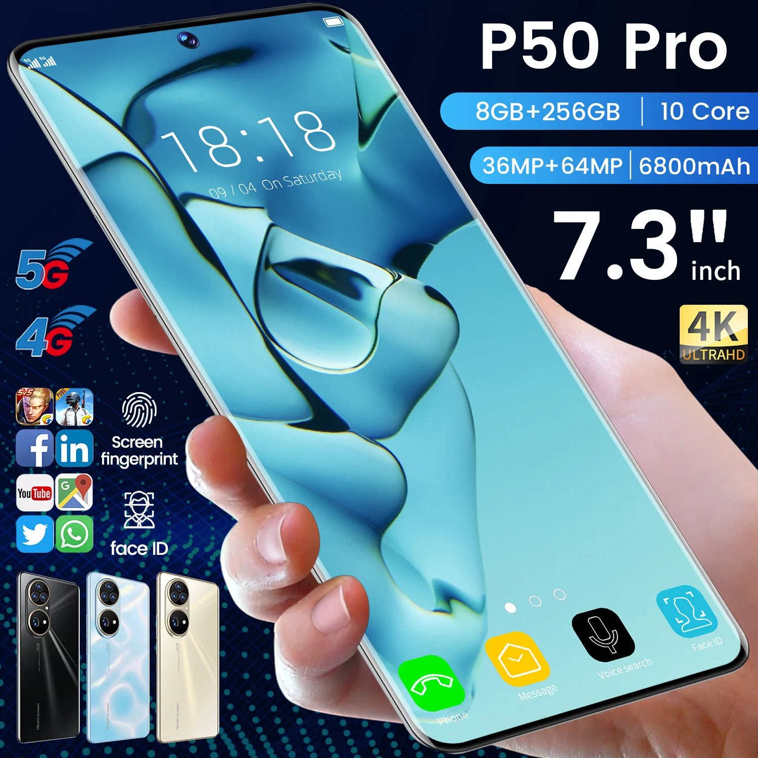 

wholesale P50pro mobile phones 8GB+256GB large memory celulears Camera phone 7.3inch smartphones unlocked factory direct, Golden/black/colorful blue