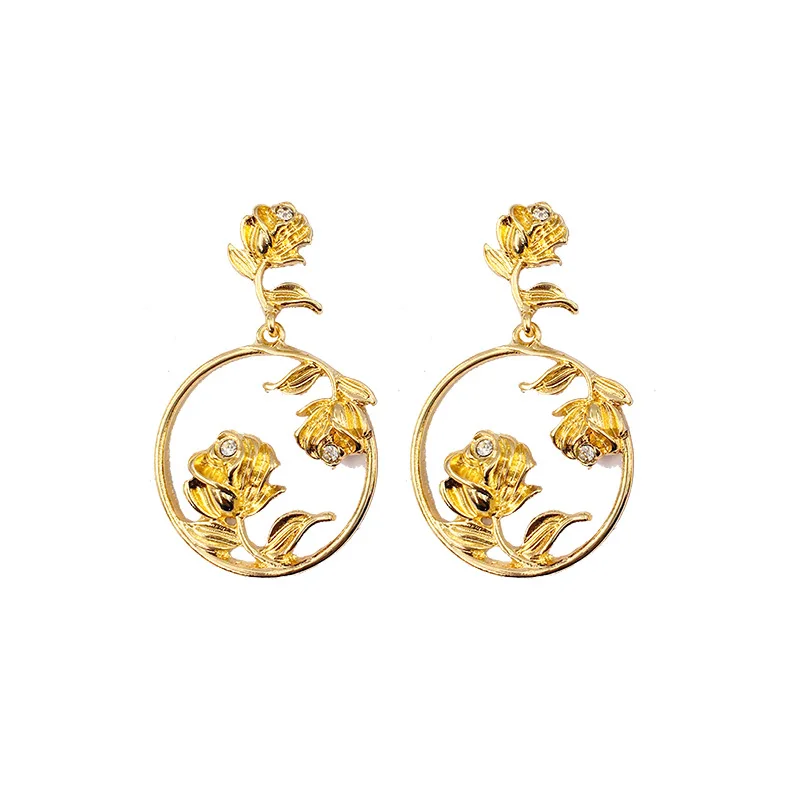 

2020 New Arrival 18k Real Gold Plating Crystal Rhinestone Rose Flower Round Circle Dangle Earrings for Mother's Day Gift