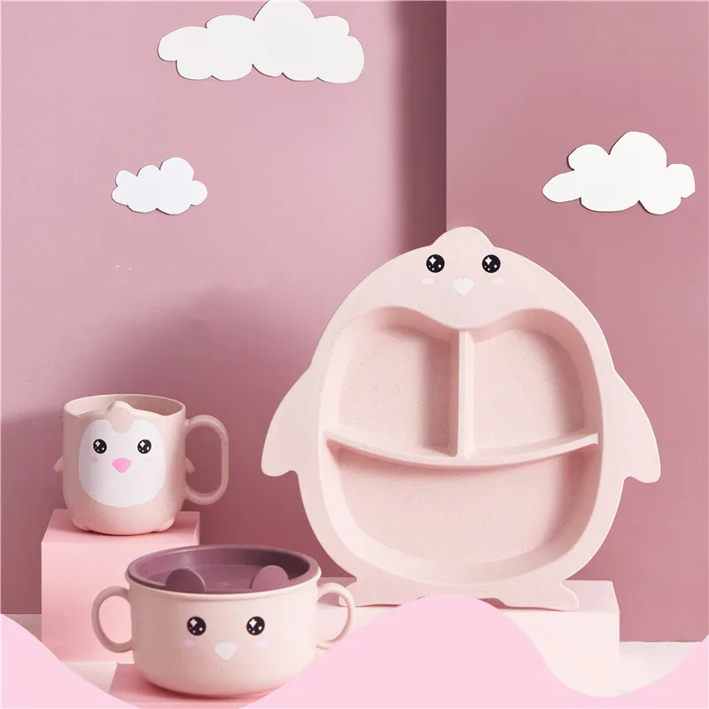 

Wholesale Kitchen Wheat Straw Tableware Penguin Baby Feeding Separate Plate Cartoon Kids Dish Plate Set, Pink/blue/beige