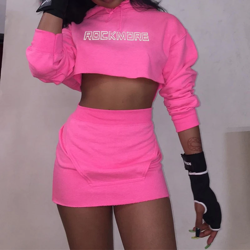 Latex Mini Skirt And Blank Crop Neon Yellow Hoodies Set