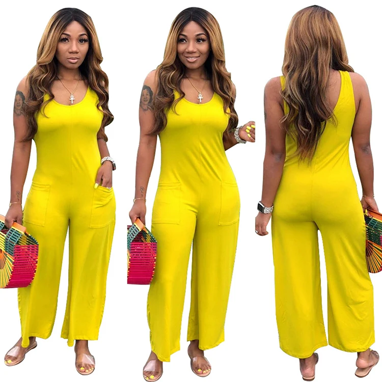 

New 2021 Summer Women Solid Color Romper O Neck Long Wide Legs Pants Sleeveless Jumpsuit With Two Sides Pockets, Picture