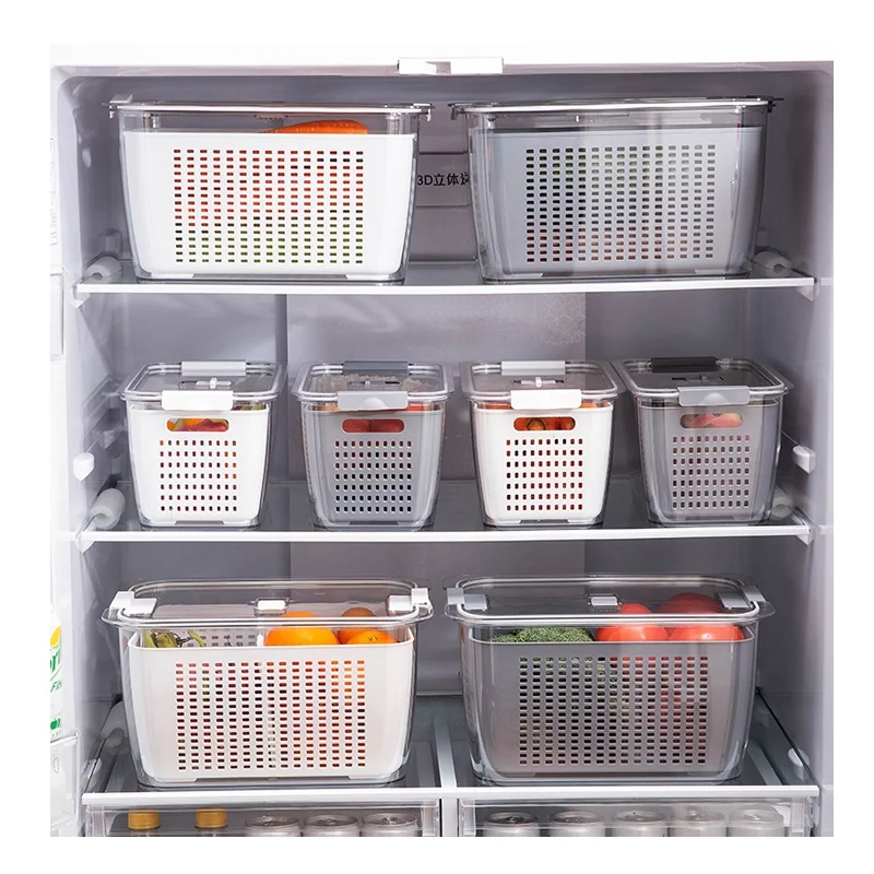 

hot sale refrigerator plastic drain storage container fresh-keeping storage box, White/ grey
