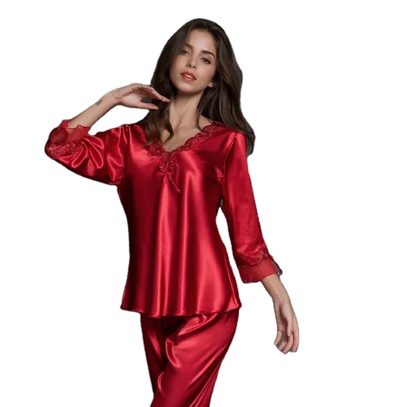 

Simple Fashion Ice Silk Sexy Lace Home V Neck Sleepwear for Ladies