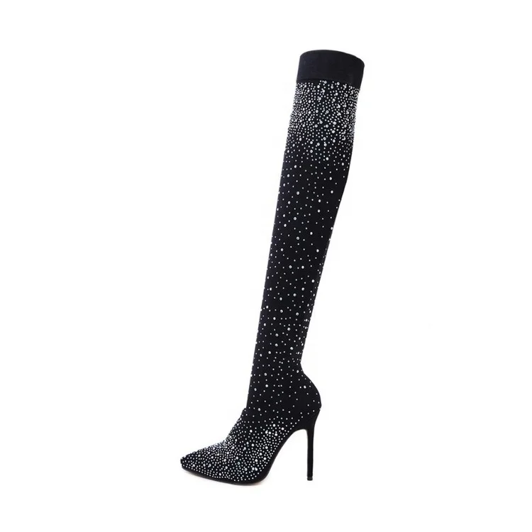 

Sexy High-heeled Rhinestone Pointed Toe Over-the-knee Boots Fashionable Belt-heeled Fashion Boots Thin Women's Boots