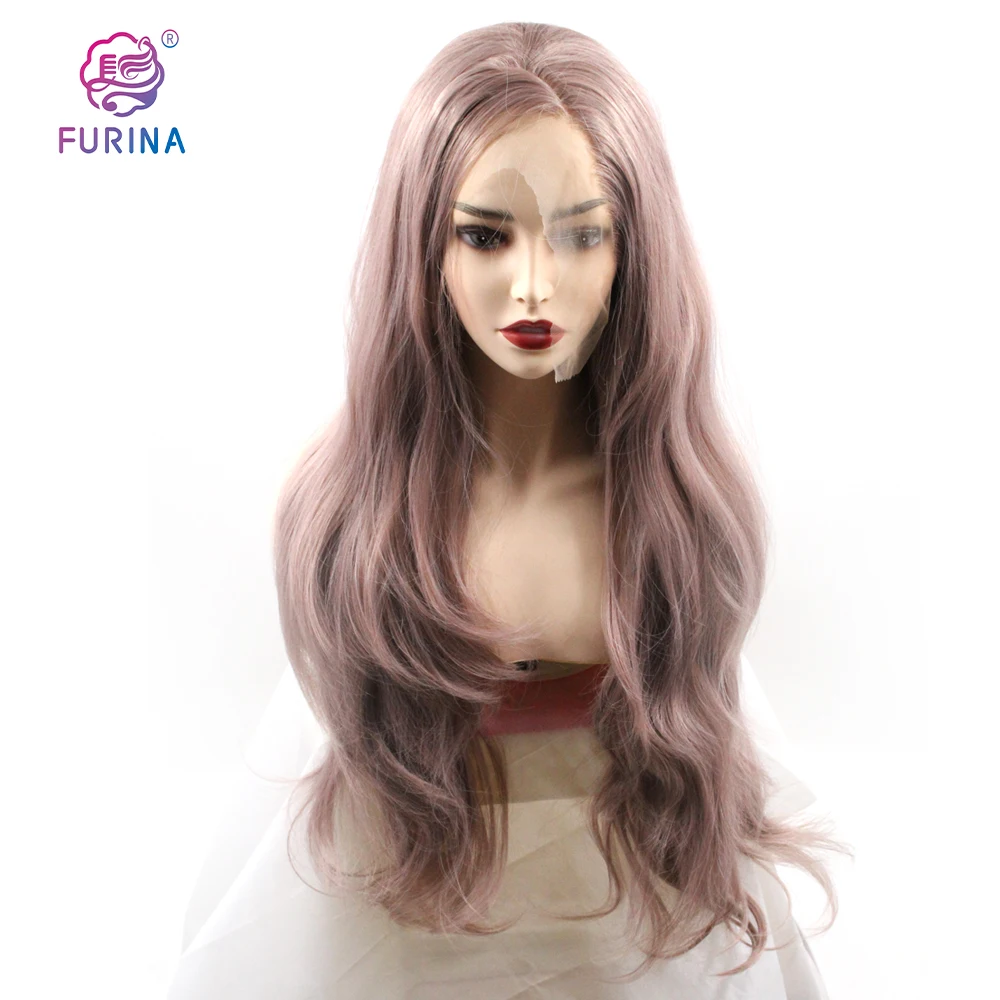 

White women purple heat resistant fiber 13*4 long wavy silk HD transparent synthetic lace front wigs