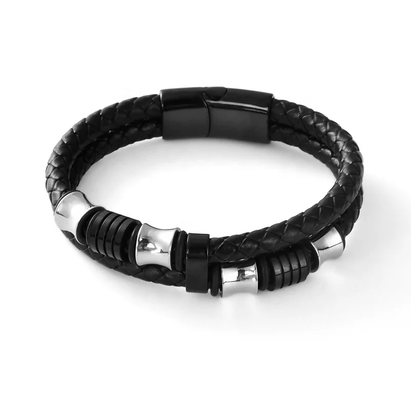 

F500 New style black leather men's braided Magnetic Clasp Bangle leather men's stainless steel bracelet