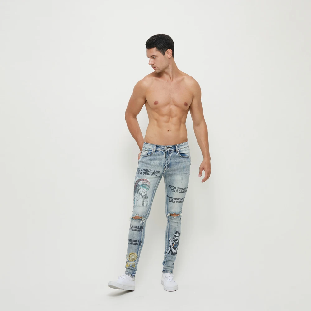 DiZNEW Custom Digital Print Brand logo Fashion Mens Jeans Wholesales Slim Light Blue Distressed Wash Denim Pants factory