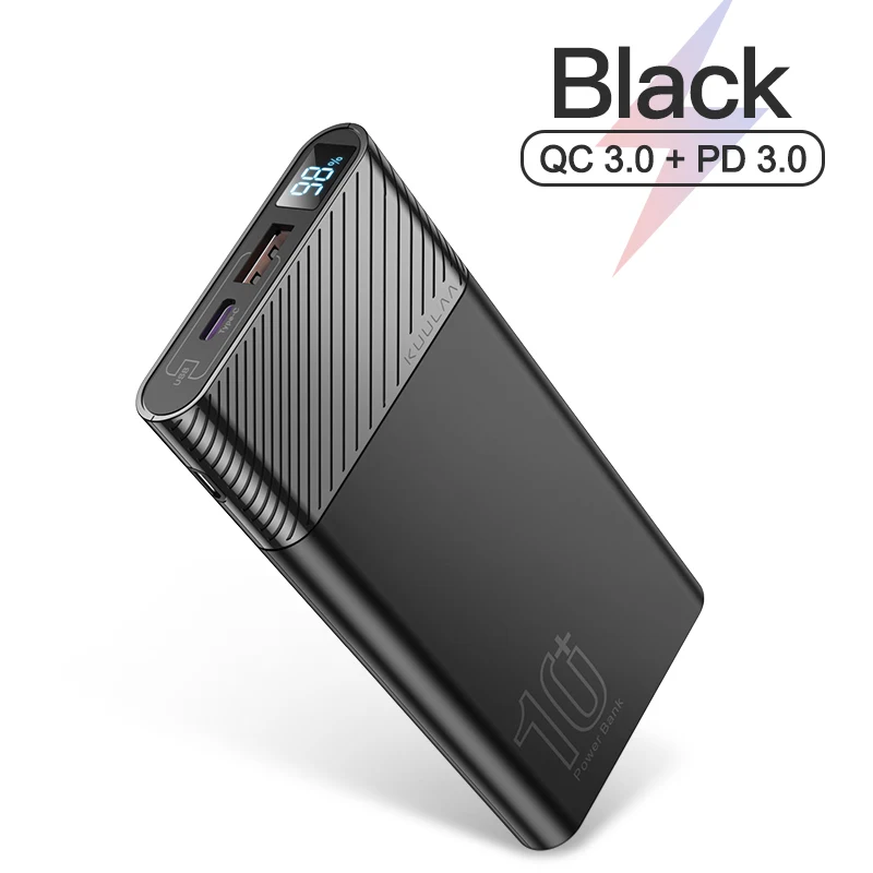 

Kuulaa Smart Mobile Phone Universal Dual Usb Slim Fast Charging Power Bank 10000Mah With Smart Digital Battery Display And Cable, Black white