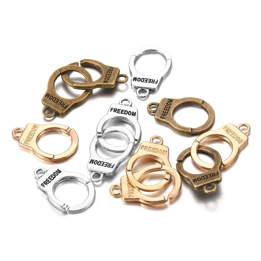 

10sets/lot Metal Retro Handcuffs Pendant Punk Freedom Charms Necklace Trendy Handcuff For DIY Jewelry Making Finding Accessories, As picture