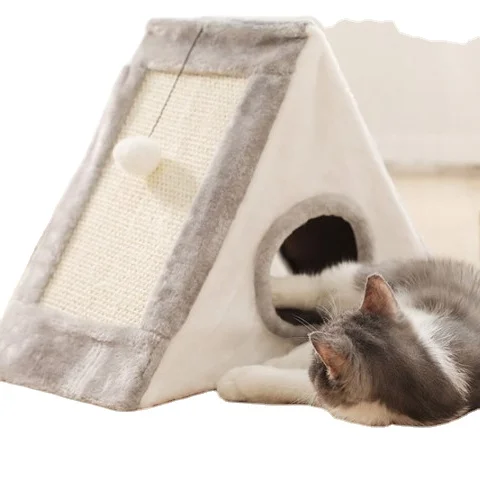 

Foldable triangle cat cave Cardboard House scratching with Fluffy Ball Hanging size s for small cat, Grey+white