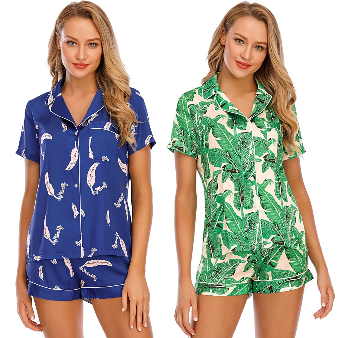 

Factory Custom Polyester Sleep Wear Summer Short Sleeve Shorts Satin Print Lapel Ladies Pajamas