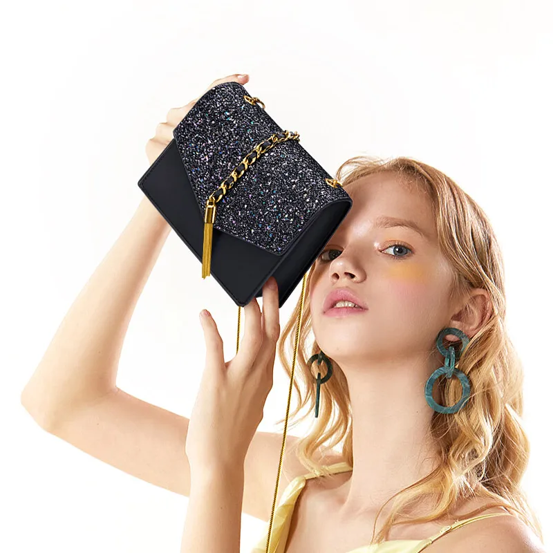 

Bags women new fashion small CK tassel messenger bag for women chain bright star dinner party square bags