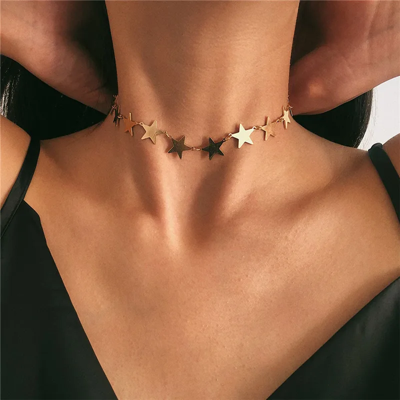 

Plain Star Choker Necklace for Women New Pentagram Charm Chain Necklaces Statement Fashion Gold&Silver Plated Jewelry