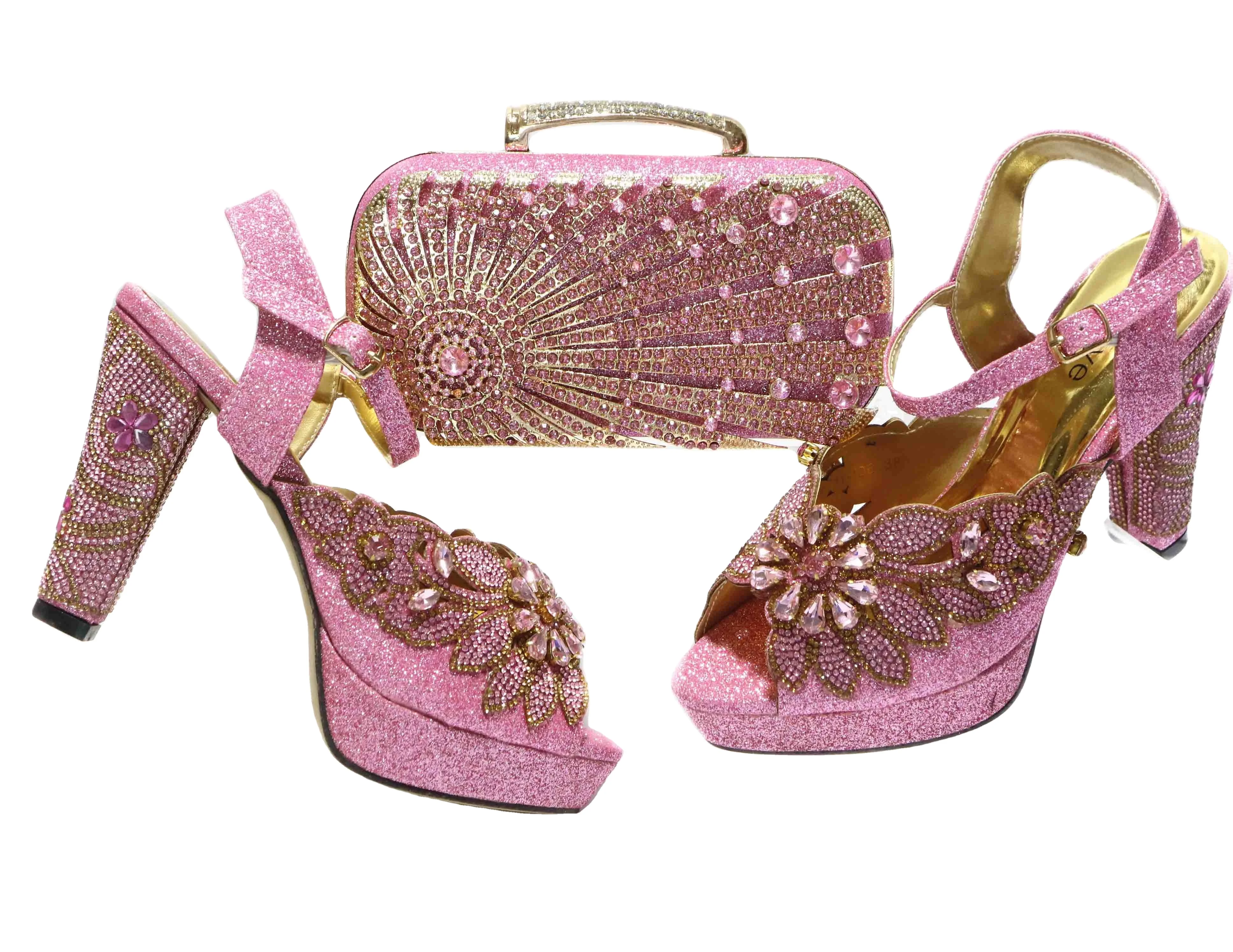 

New Fashion Women Handbag Ladies Italian Matching High Heels Pumps Shoes and Bag Set for African Party, Black,gold