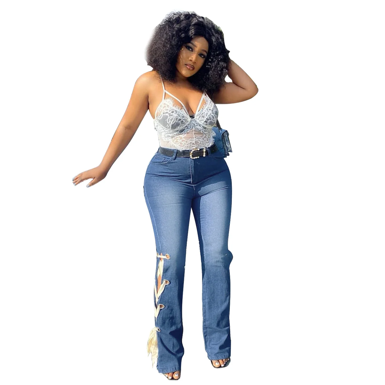 

Spring 2021 chic bandage flare denim pants women high waist jeans skinny trousers 5xl plus size casual wear, 2 color as picture