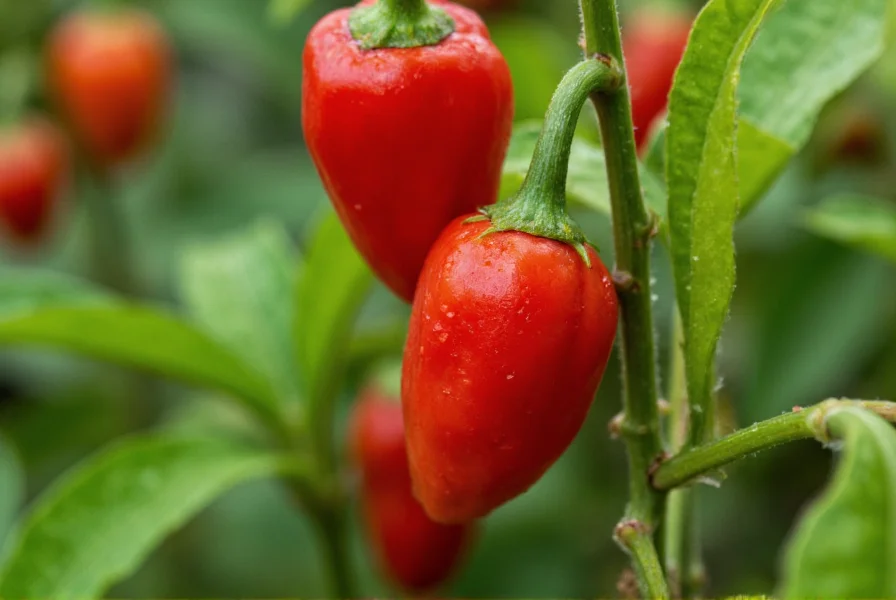 Close-up photograph of vibrant red ghost peppers growing on plant in tropical garden setting with visible dew drops