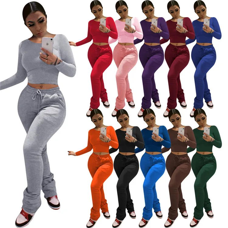 

Women's Pleated Stacked Two Piece Set Sweatpants Tracksuit Winter 2020 Stacked Pants Crop Tops Joggers Set Women Clothing, As picture