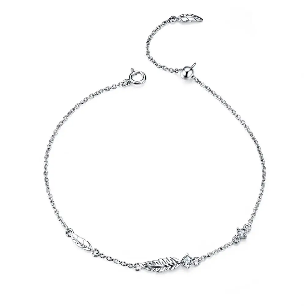 

Jewelry Accessories Platinum Plated Silver Bracelet 925 Sterling Silver Women Minimalist Feather Charm Bracelets Silver Color