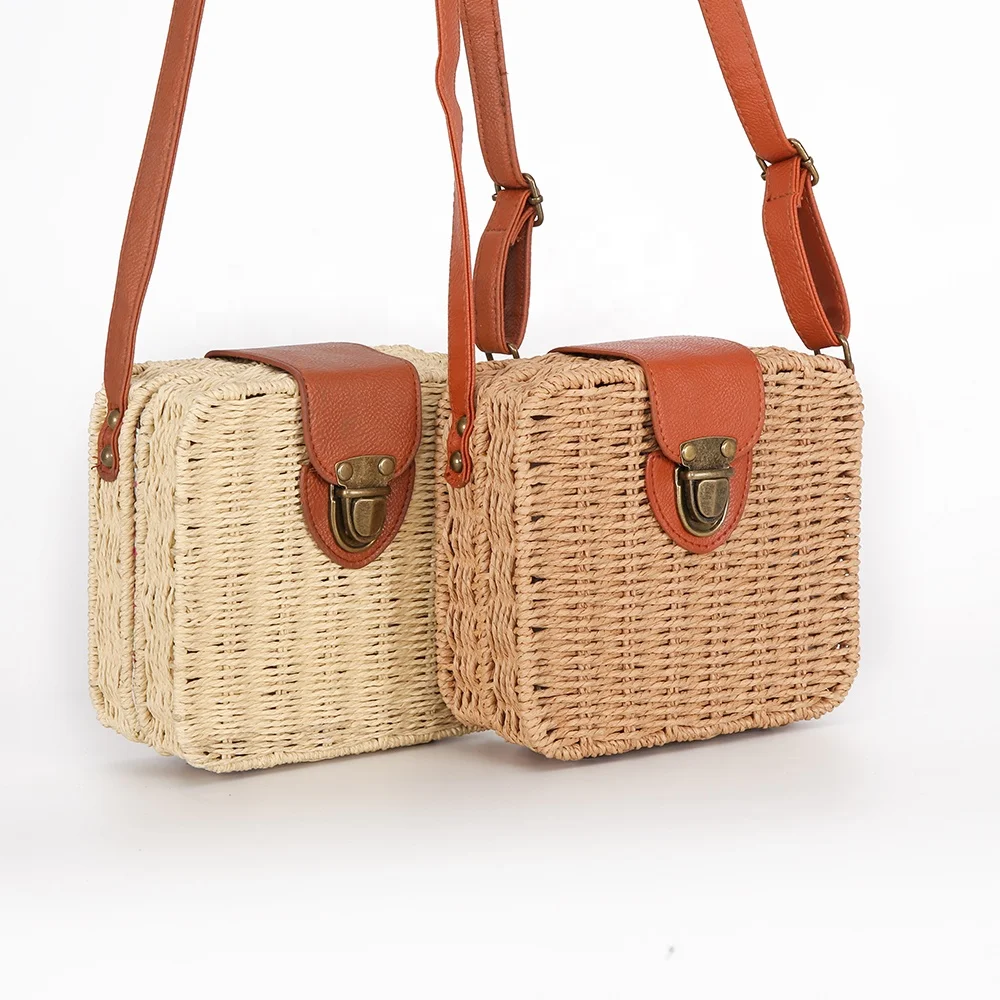 

Square Shape Straw Crossboday Bag with PU Belt