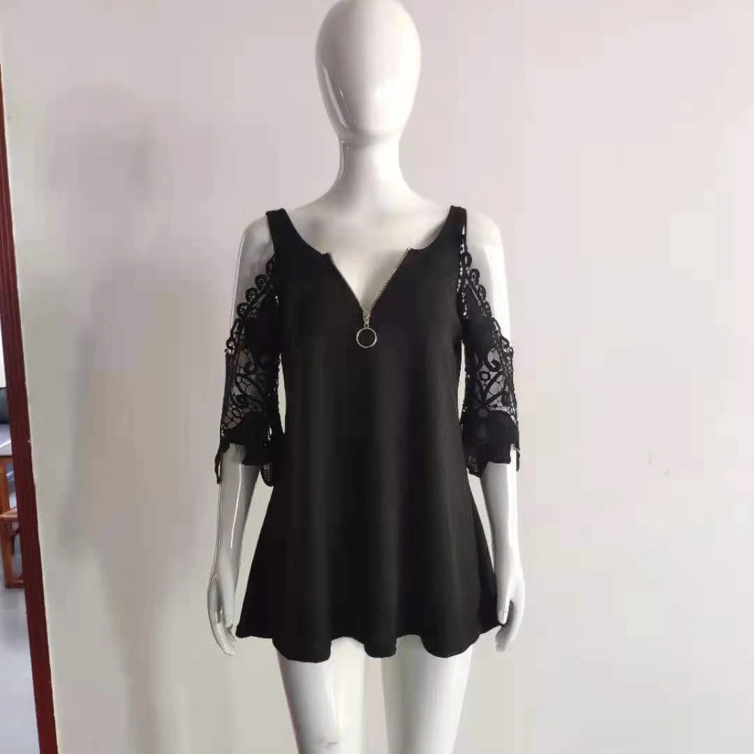 

F40871A Amazon hot sale knitted hollowed-out lace sleeves plus size women's blouses & shirts ladies' blouses & tops, As picture