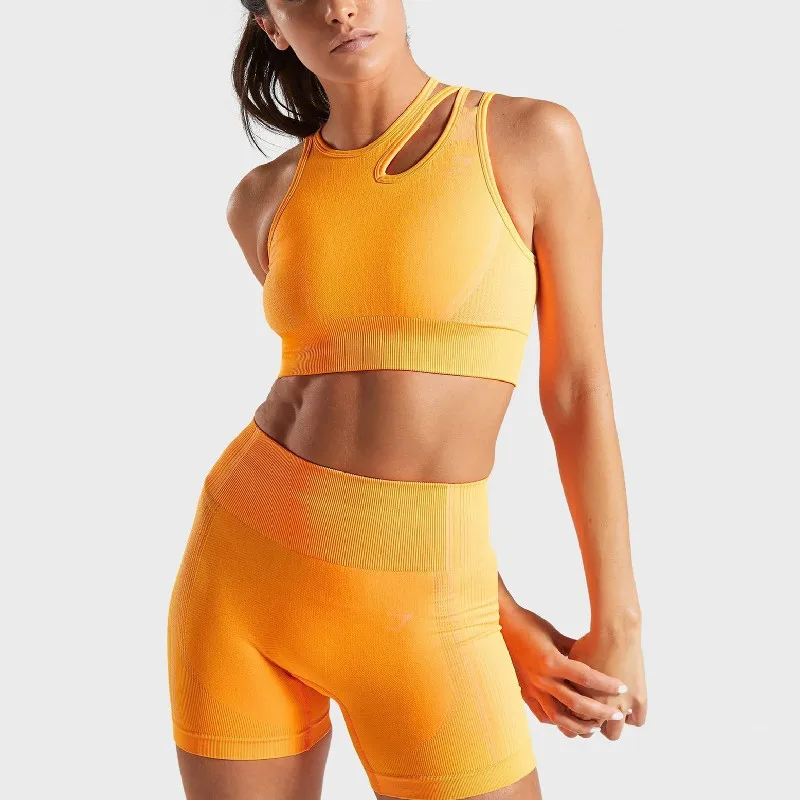 

2021 Summer 2 Piece Nude Yoga Short Sets Women High Quality Yellow Soft Shark Fitness Seamless Yoga Active Wear Set, 6 colors