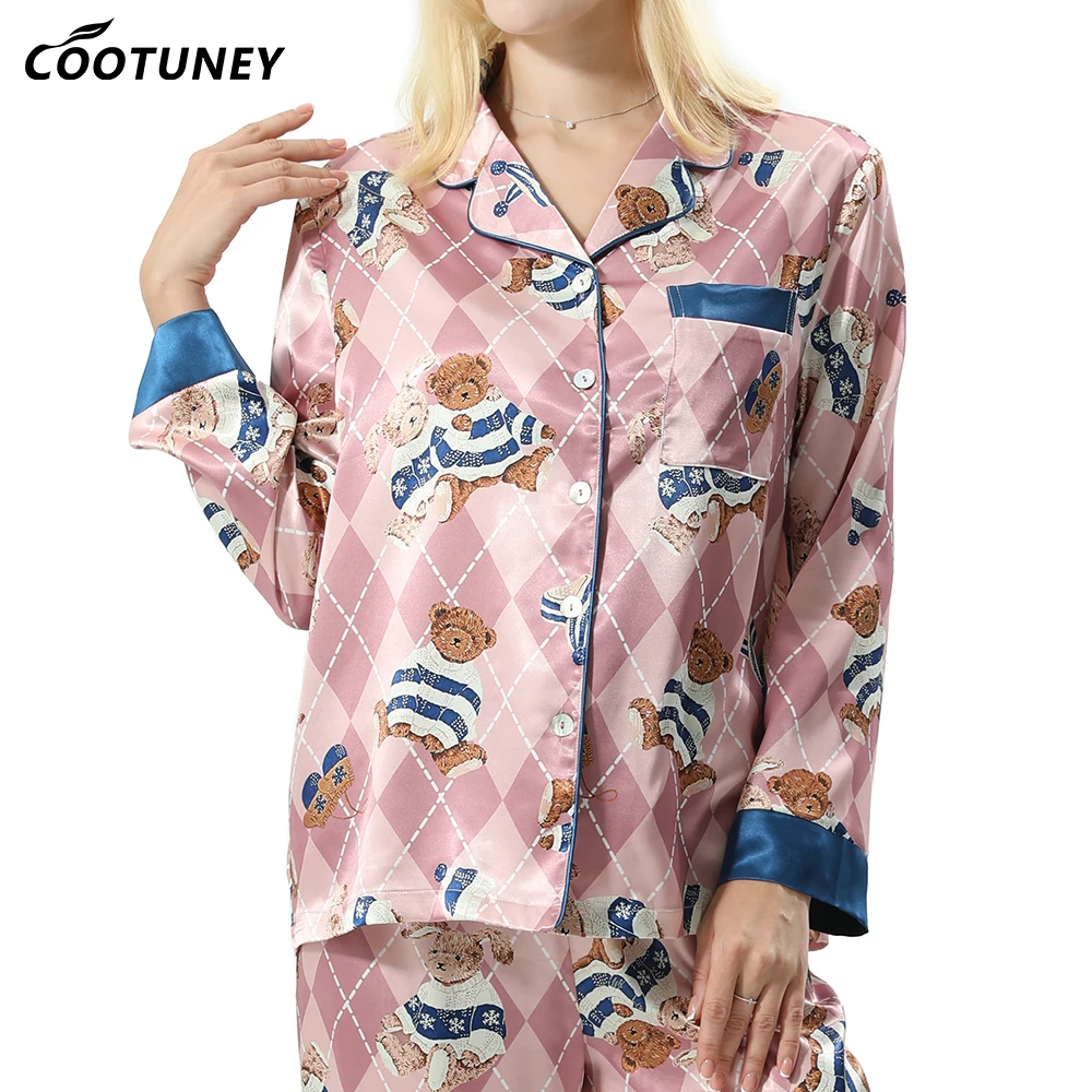 

Designer Custom Color Bear Printed Long Sleeve Satin Pyjamas Women Sleep Wear Pajamas