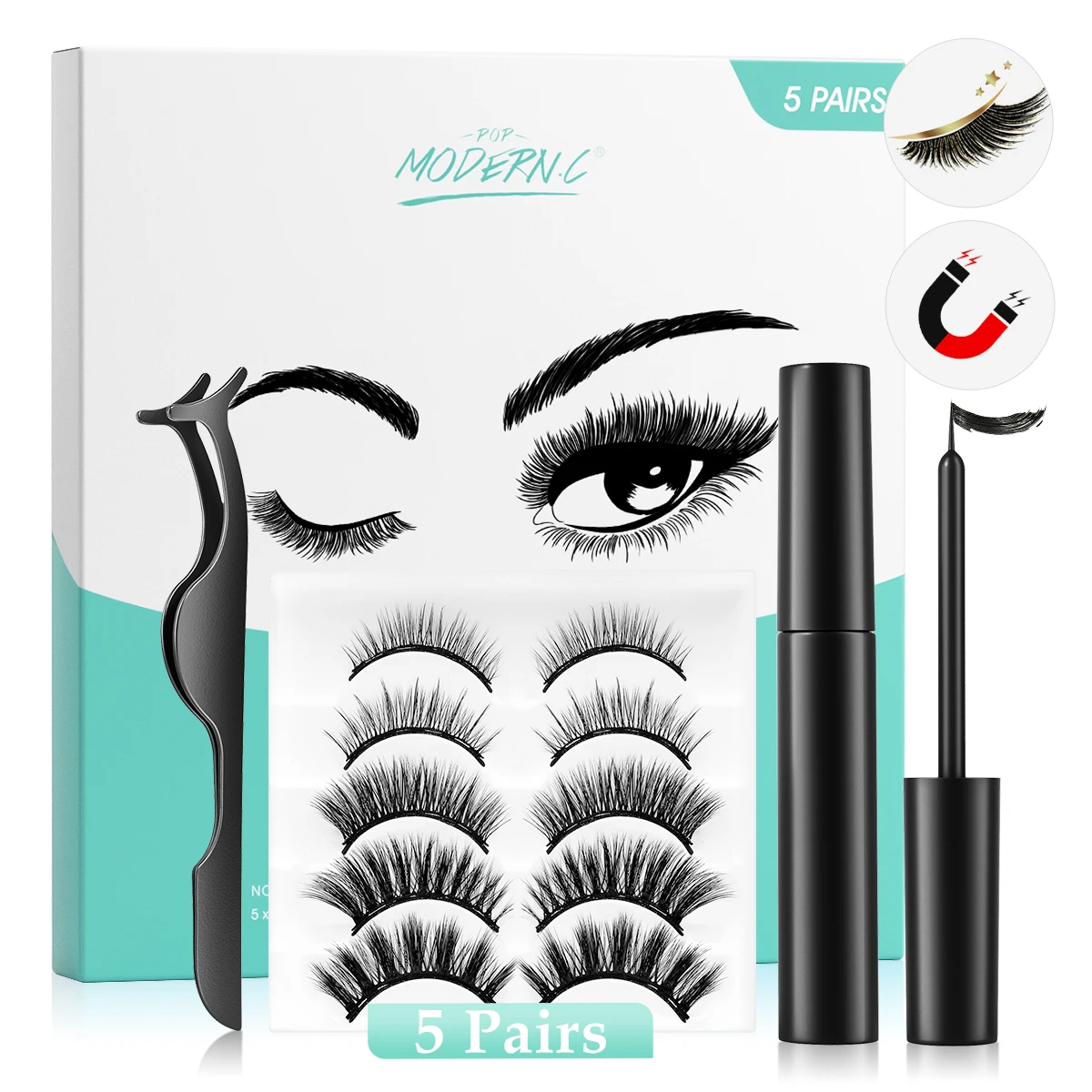 

Magnetic Eyelashes and Eyeliner Kit 5 Pairs with Tweezers Reusable False Eyelashes Natural Look Ultra-thin Eye lashes sets