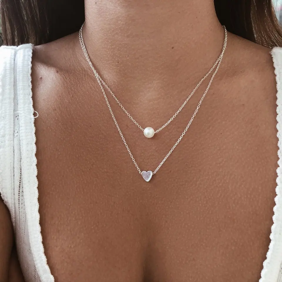 

Cheap Sales Multi Double Layer Pendant Choker Necklace Gold Plated Gift Jewelry Imitation Pearl Heart Necklaces For Women