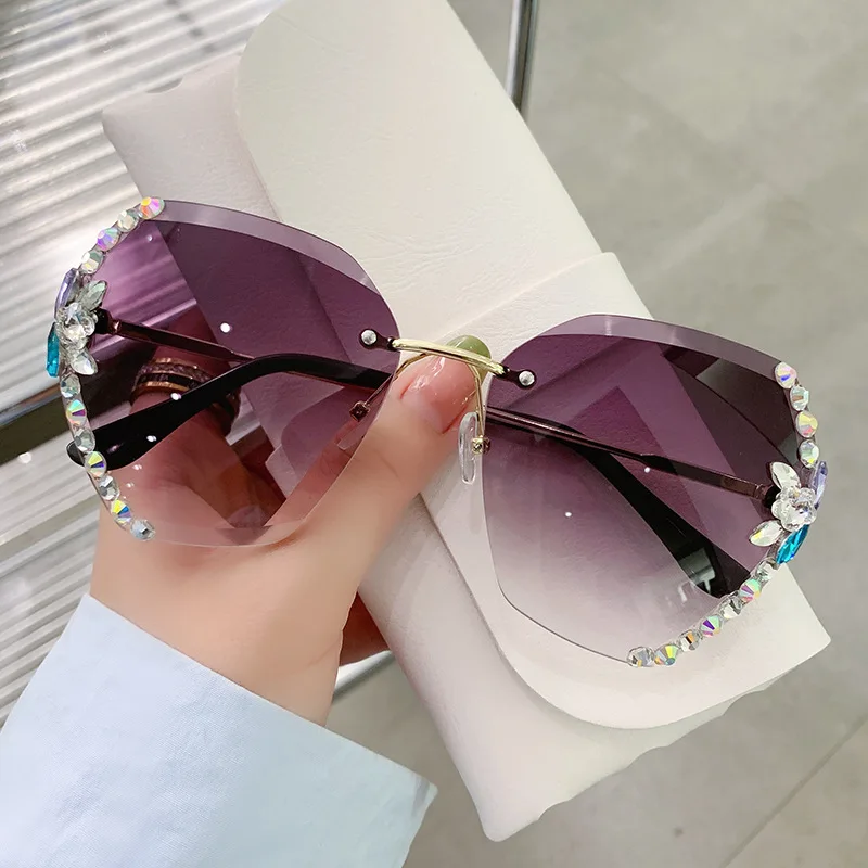 FP-8032-1 Oversized Rhinestone Luxury Rimless Womens Manufacturer Custom Fashion Shades Vintage Pink Fashion Sunglasses