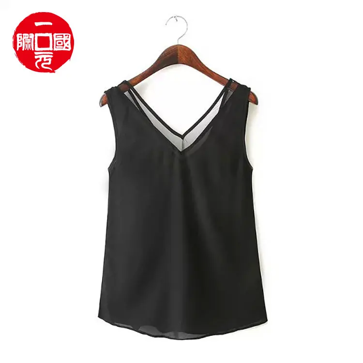 

2021 European and American new V-neck gauze chiffon shirt women's tank tops