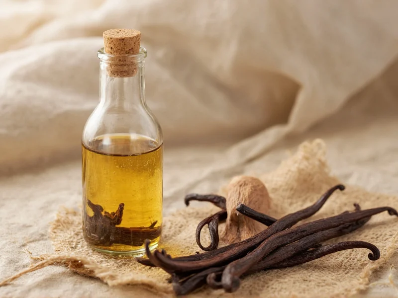 Glass bottle with vanilla beans steeping in glycerin during infusion