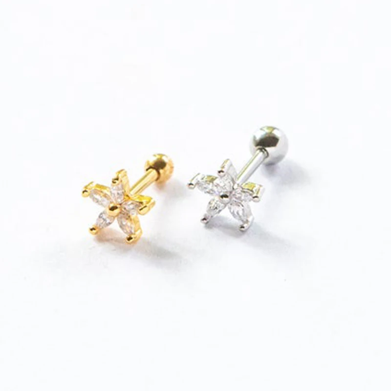 

925 Sterling Silver Threaded Ball Five Petal Flower Cochlear Stud Earrings