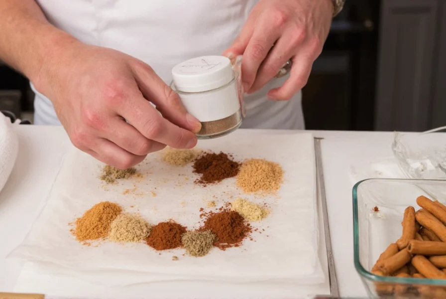Chef measuring cinnamon into a spice blend for Middle Eastern cuisine