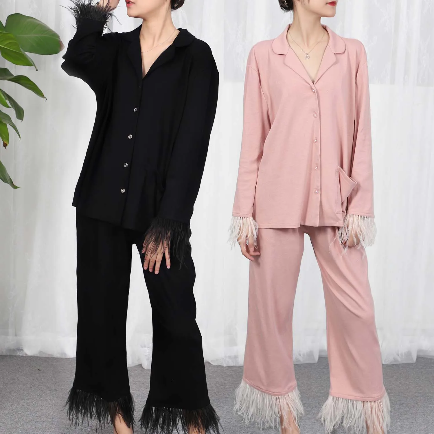 

Yanzi long-sleeved home wear cotton sleepwear ostrich feather lapel casual wear 2-piece sets pajamas women, Customizable colors