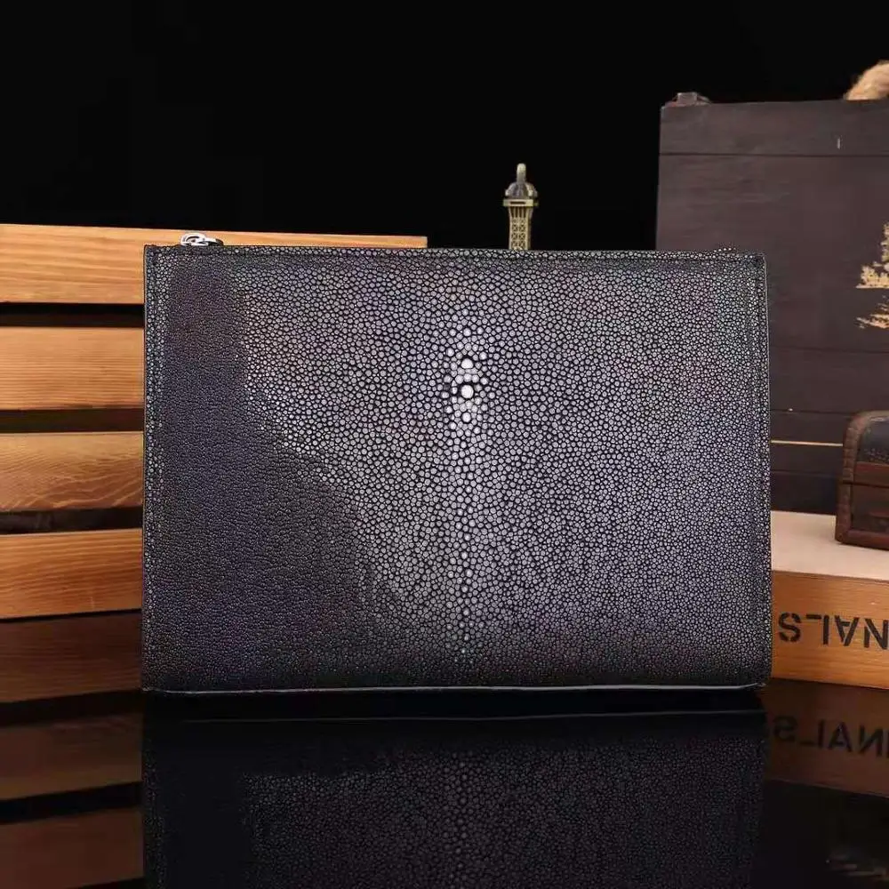 

Double Layer Italian Handmade Pearl Fish Skin Card Slots Men Clutch Bags Handbags