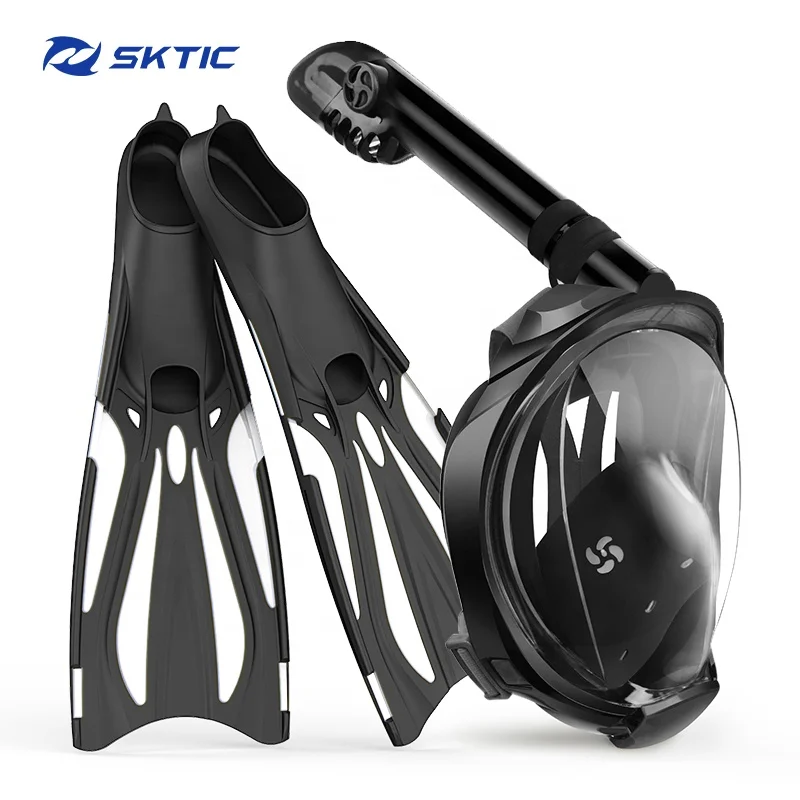 

SKTIC Black Snorkel Set Dry-top Snorkel Mask With Long Fins Woman Men Freediving Fins