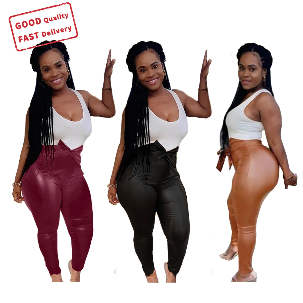 

GQ1039 hot sale PU leather ladies trousers plus size solid color women's trous belt slim pencil pants fashion casual women pants, Picture