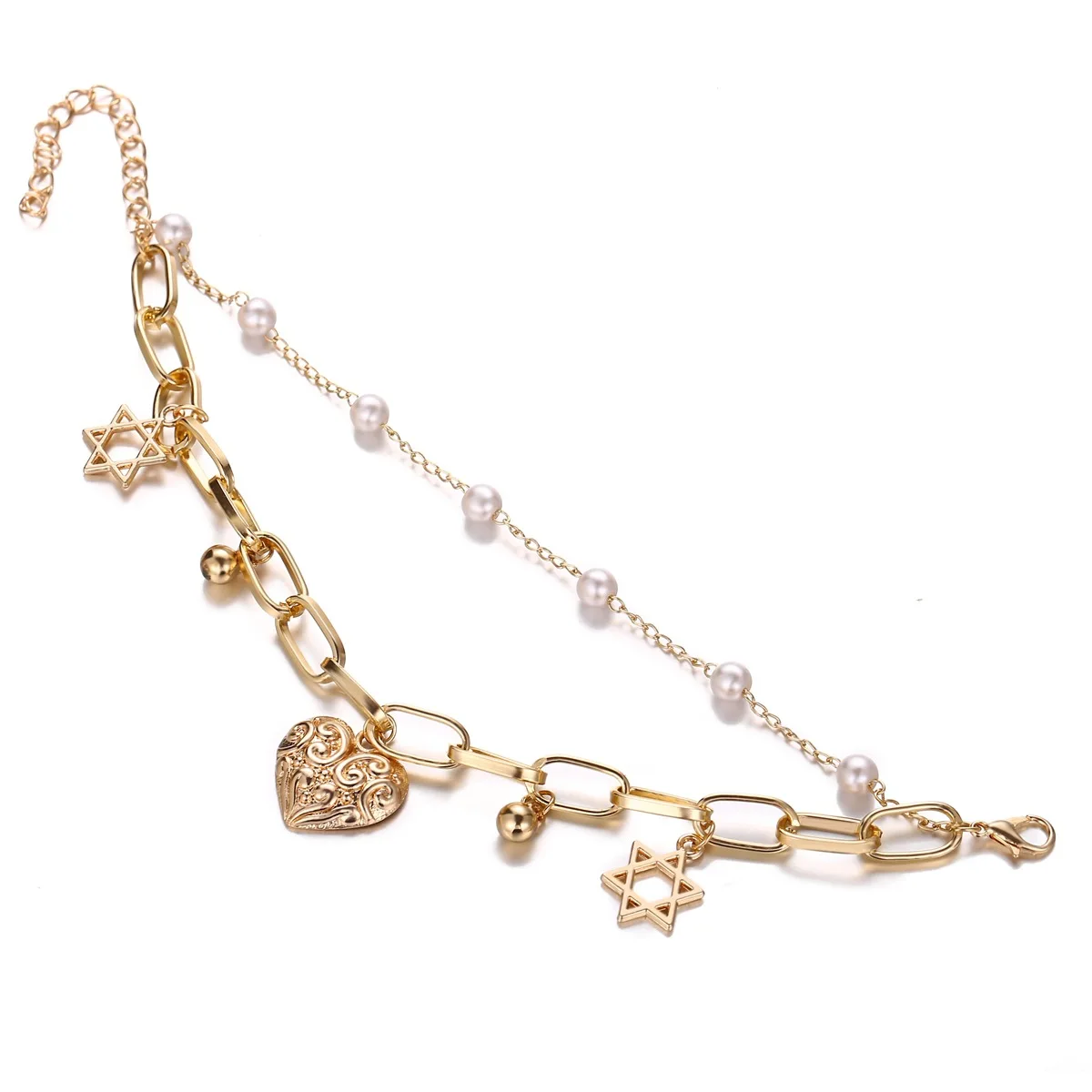 

Fashion Trendy Alloy Chunky Chain Bracelet Double Layered Bangle Pearl Heart Hexagonal star Charm Jewelry