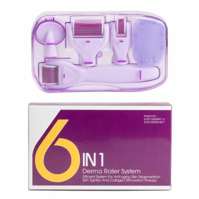 

DR018 6 in 1 Derma Roller Kit micro needle pen Massager 0.5/1.0/1.5/2.0mm with silicone brush, White handheld + purple roller