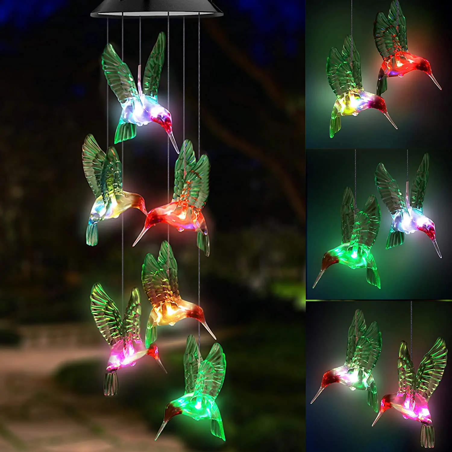 

Solar Light Wind Chime Powered LED Changing Light Color Hummingbird Wind Chimes Outdoor Wind Light Waterproof
