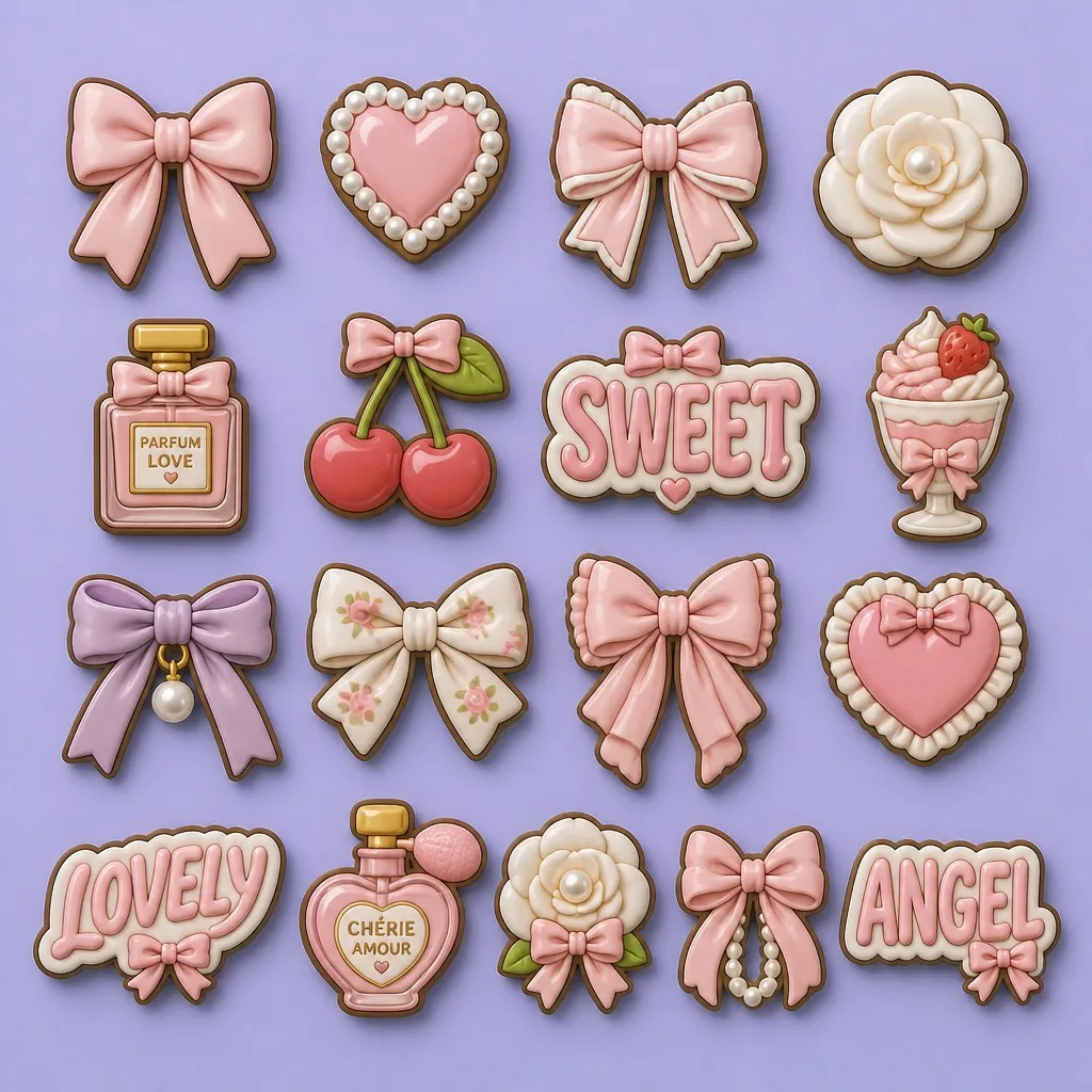 Flat lay of the full bow, pearl, floral and word badge charm library