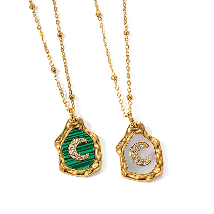 

Y083 New PVD 18K Gold Plated Jewelry Stainless Steel Dainty Malachite White Shell Moon Inlay Zircon Pendant Necklace for Women