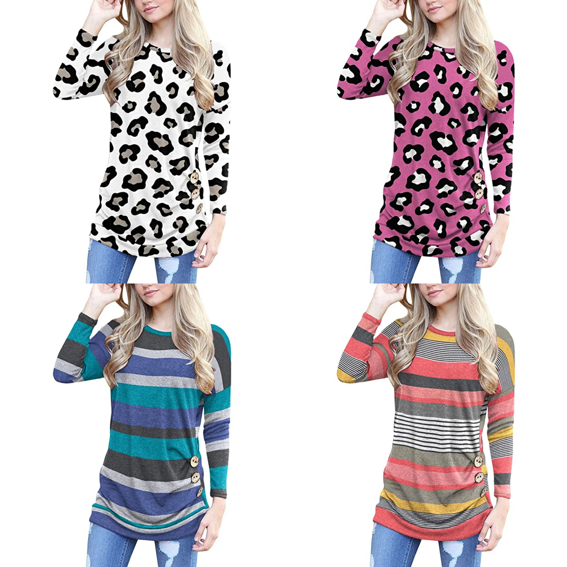 

2021 Custom Print Casual Long Sleeve Tee Shirts Leopard Stripe O Neck Fashion Women T Shirts