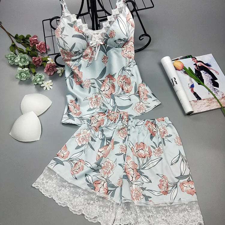 

Lace Trim Sleepwear Flower Print Nightwear Silk Satin Chemise Crop Cami Shorts Set Pajamas For Women