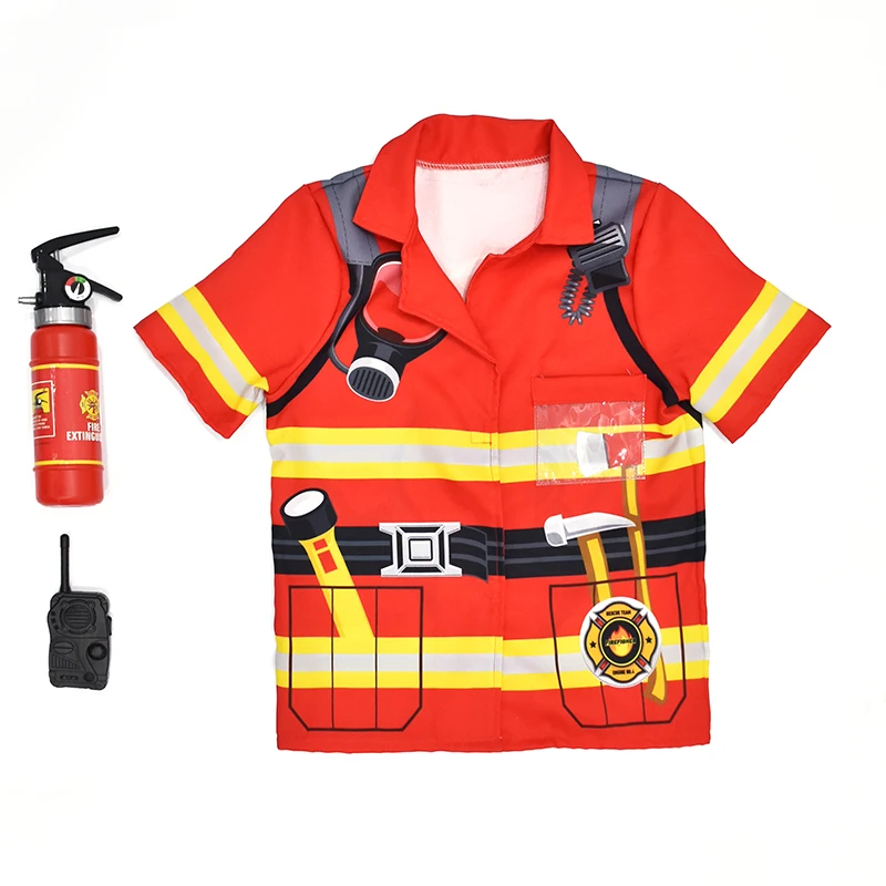 

Kids Halloween Costume Fireman Cosplay Summer Short Sleeve Uniform Plastic Fire Extinguisher kids Career Costumes, As pictures