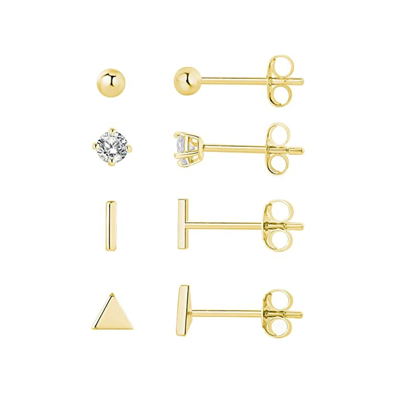 

Daily wear 4pcs/set s925 sterling silver fashion ins mini geometric earrings four-claw diamond triangle round set small earrings