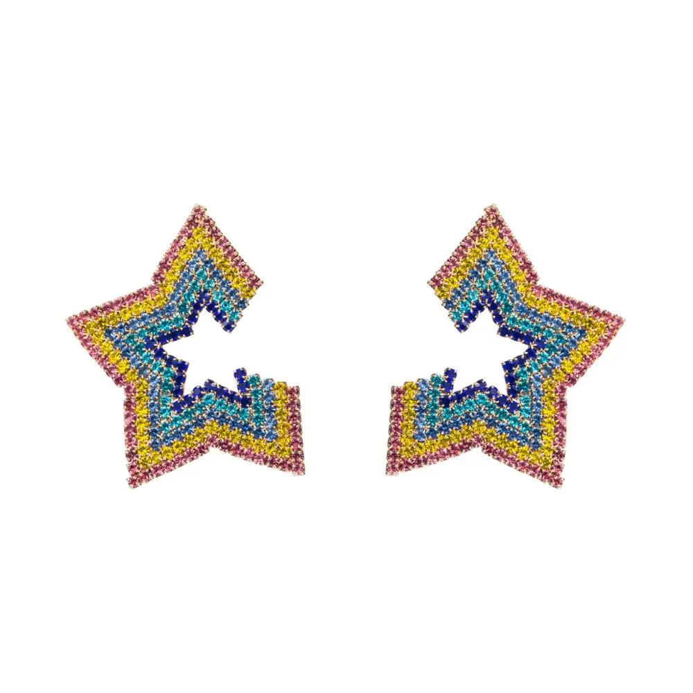 

High Quality INS Sale Not Complete Colorful Star Shape Pentagram Stud Earrings Rainbow Crystal Rhinestone Pave Star Stud Earring, Picture