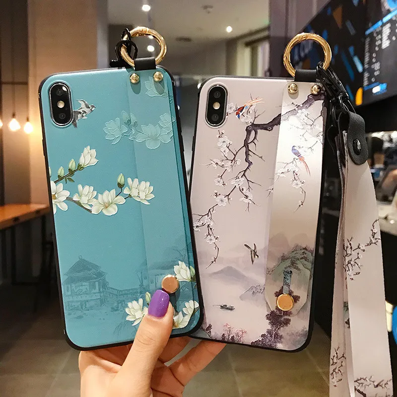 

Free Shipping 3D Embroidered Flower Lanyard Cell Phone Case for iPhone 13 12 Plus XR X 11 Pro XS MAX Loop Stand Soft TPU Cover